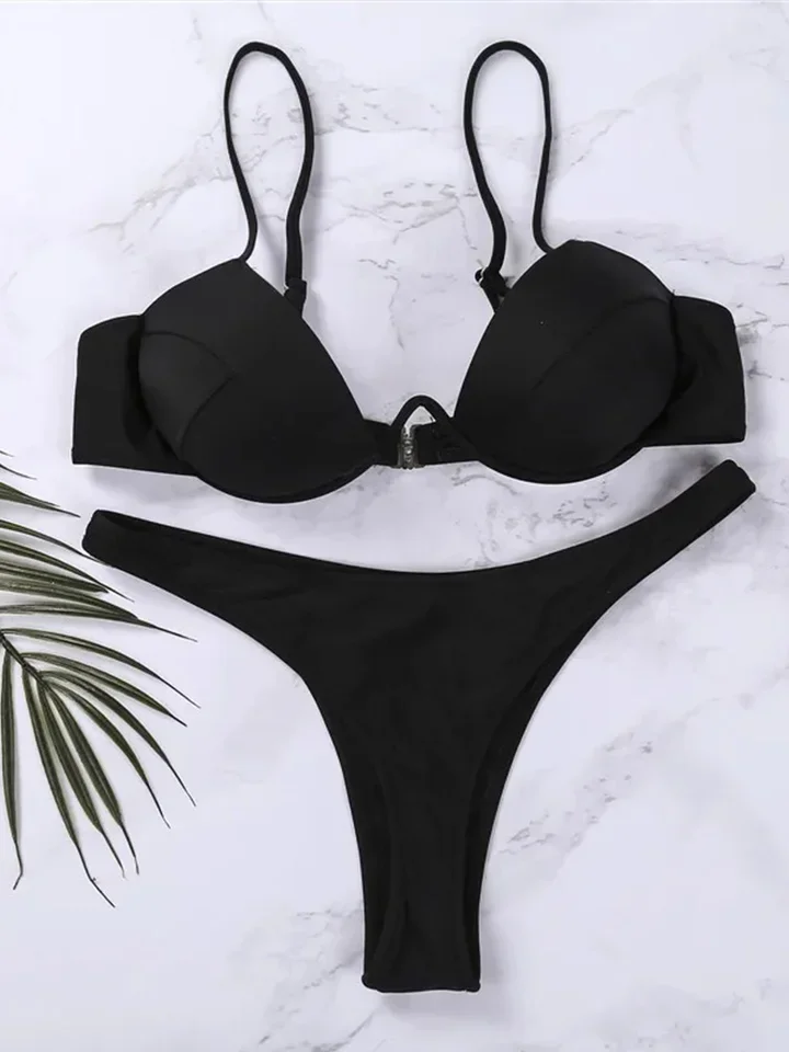 Vzvn 2025 New for Women Solid Low Cut Beach Swimsuits for Women V Neck Padded Bathing Suit Sexy Women Push Up Bikini Sets