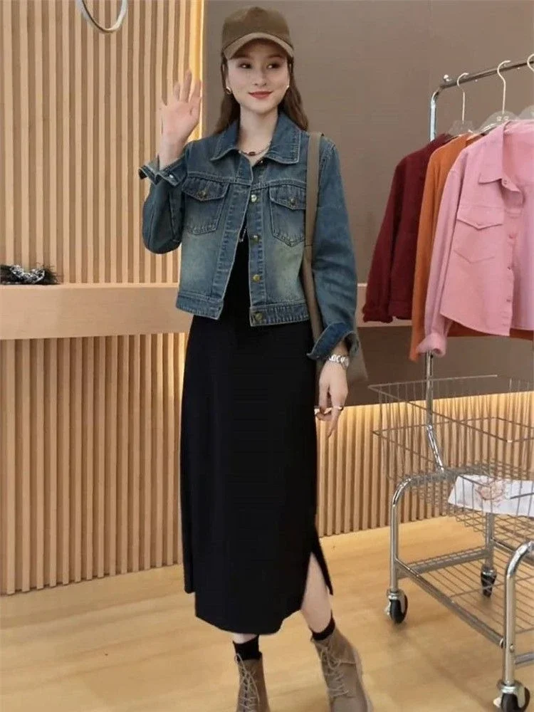 Women's Retro Washed Short Denim Jacket 2026 Spring Autumn Loose Cropped Jean Coat Casual Slim Fit Top