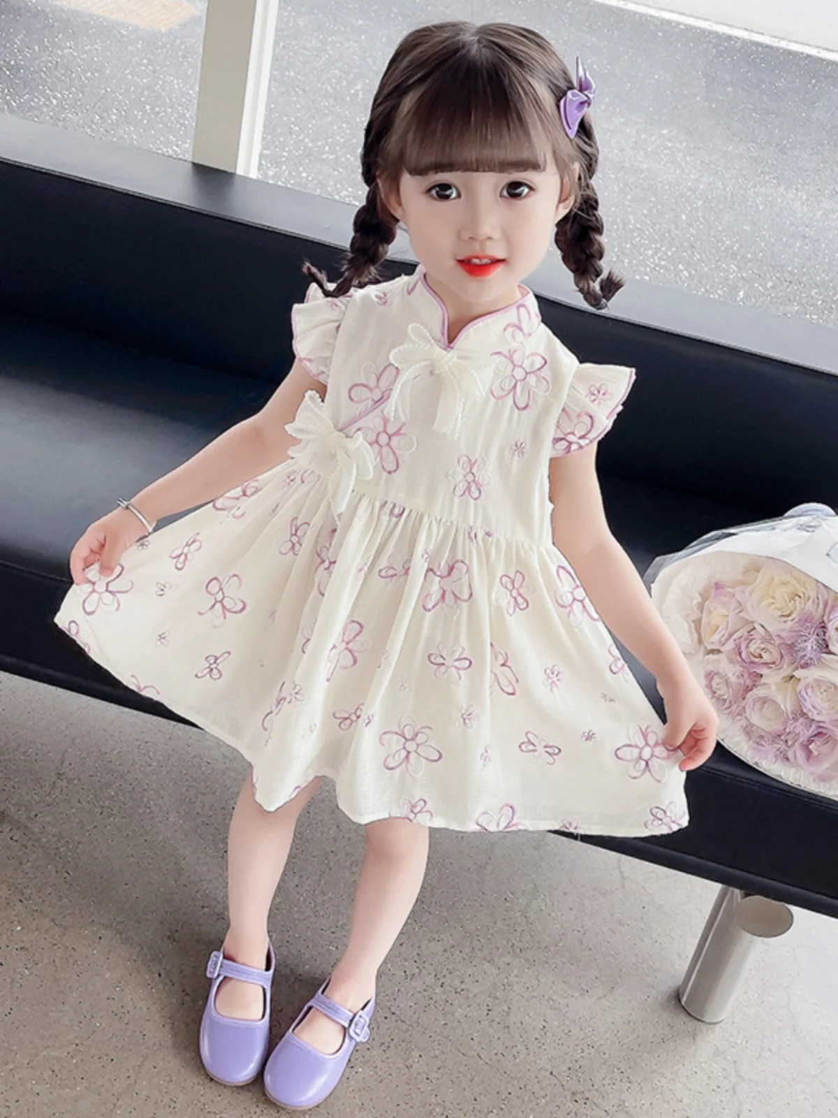 Princ Sle Floral Print Summer Dr for Baby Girls Korean Sle Svel  with Flng Sves Baby Clothes