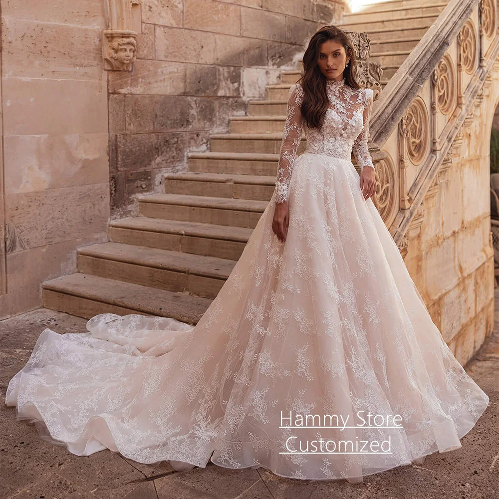 

Luxury Court Train Wedding Dress Customized Long Sleeves High Neck Flowers Lace Bridal Gown Back Zipper Buttons Bride Gown
