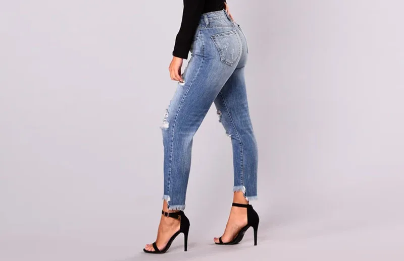 Jeans for Female Summer Hole Tassel Tight Elastic High Waist Thin Denim Pants