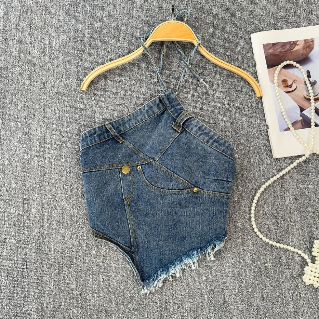 Girls European and American Style Denim Halter Strap 2026 Summer New Backless Spicy Girl Slim Fit Irregular Short Vest