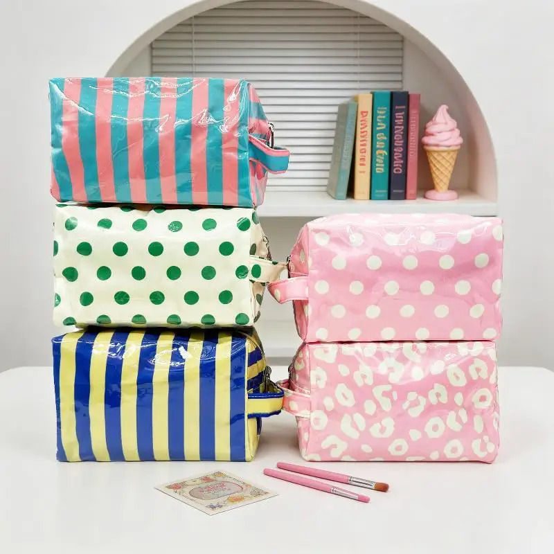 Stylish Strip Makeup Bag Portable Travel Large Capacity Lipstick Storage Bag Handbag Cosmetic Bag Toiletry Bags Girls Gifts