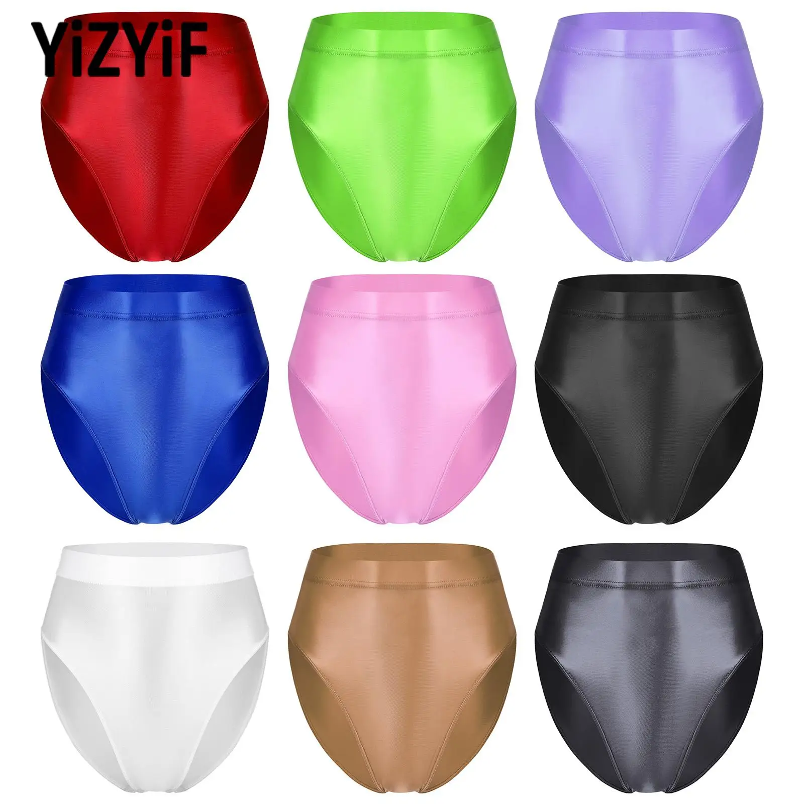 Sexy Women Glossy One-piece Swimsuit Solid Color High Waist Brief Underwear Swimsuit Beach Pool Party Sunbathing Bottom Swimwear