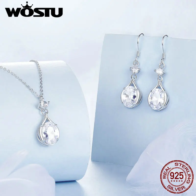 

WOSTU New Arrival 925 Sterling Silver Teardrop Earrings&Teardrop Necklace Set for Women Fine Jewelry Party Daily Wedding Gift
