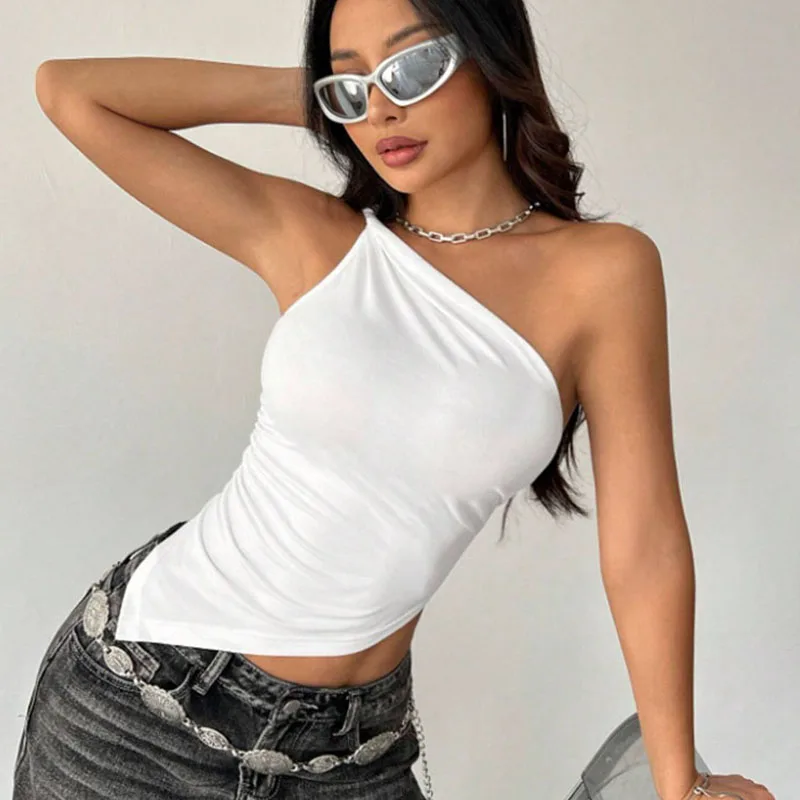 2025 New Fashionable Casual Women's T-Shirt Solid Color Single Shoulder Asymmetrical Slim Fit Top One-Piece Neck