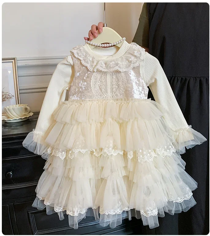 

New Baby Girls Fall Fashion Sets, White Top + Vest Mesh Lace Dress Princess Sweet Suits 2-6 T