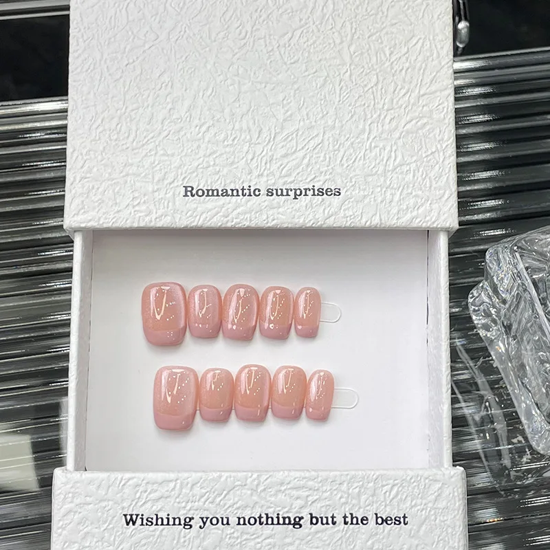 

10pcs/1box Short Handmade Pink French-style Nail Tips with A Luxurious Sparkling Sweet Style Suitable for Girls and Women Use