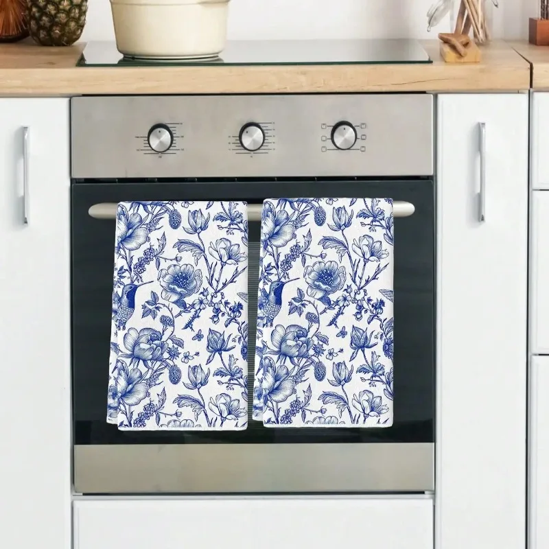 Kitchen Towel Blue And White Porcelain Color Matching Blue Pine And Bird Design Kitchen Dishwashing Tea Towel Kitchen Decoration