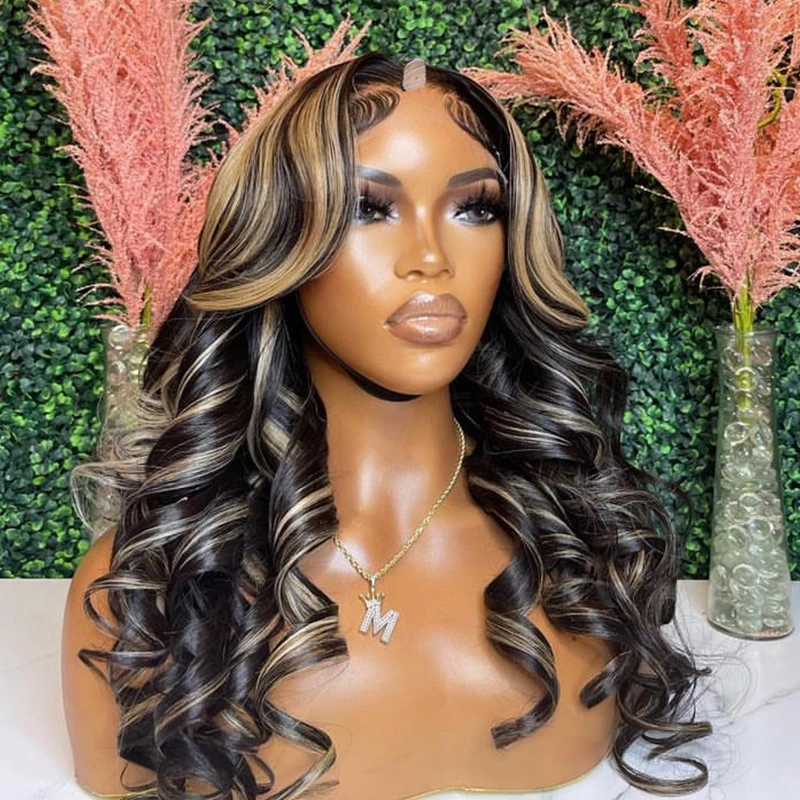 Peruvian Highlight Bayalage Brown Blonde Loose Deep Wavy1x4 V Part Wigs for Black Women Ombre Dark Chocolate Brown U Part Wigs