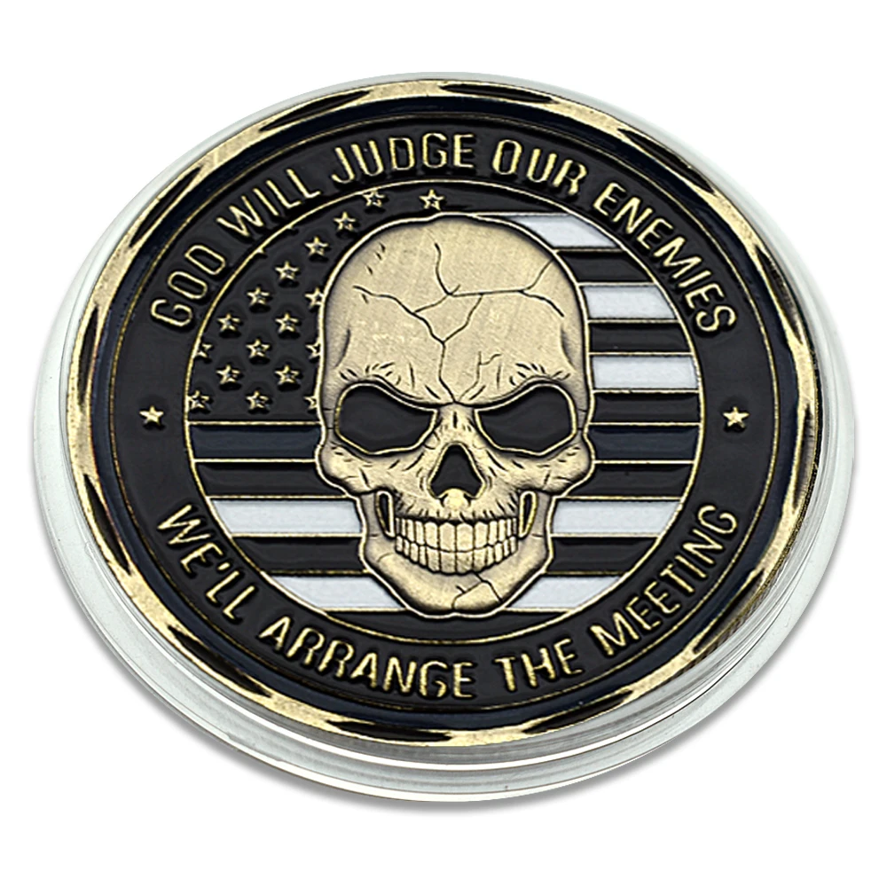 Skull Police Officer Bronze Challenge Coin Saint Michael Protect Medal Blue Line Fans Collection Gift