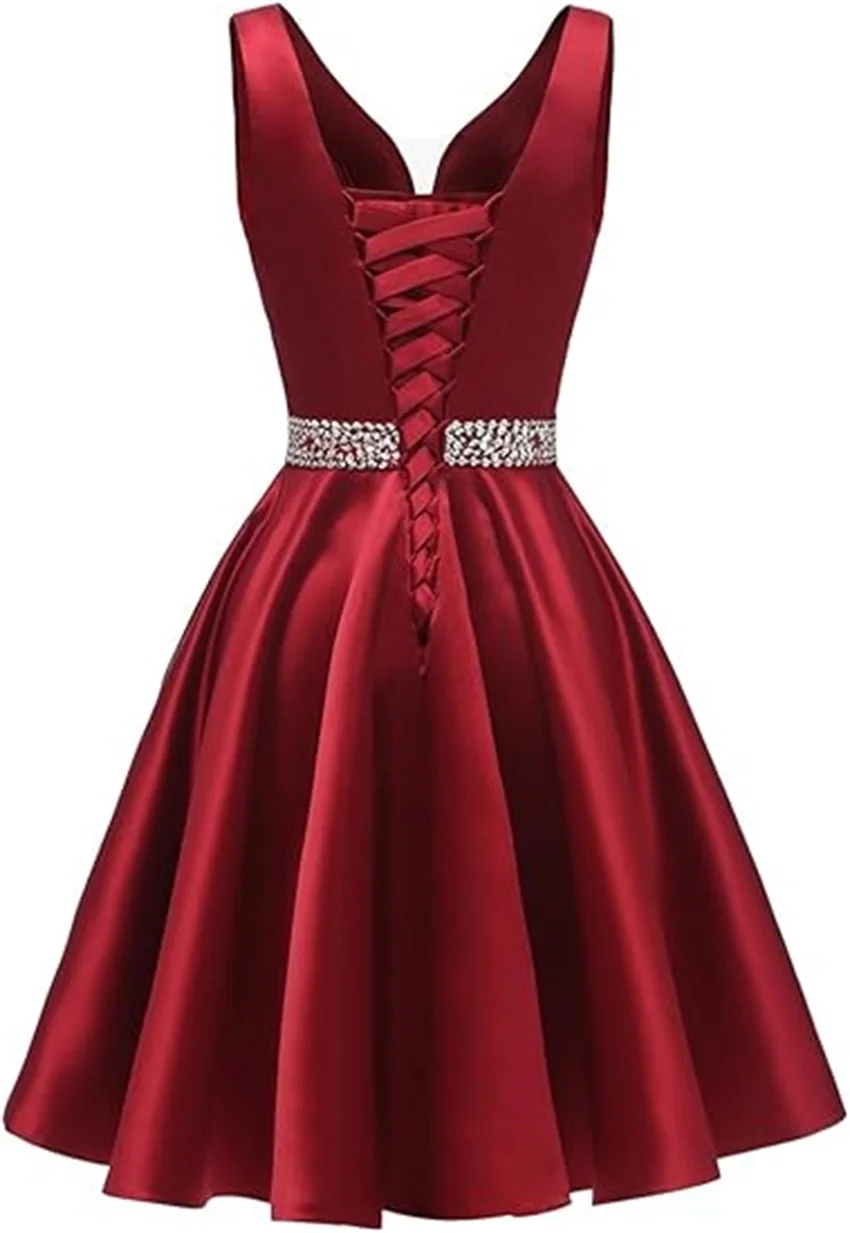 Customized Simple Satin Homecoming Dresses for Teens Short Prom Dress V-Neck Beaded Belts Evening Formal Cocktail Party Gowns