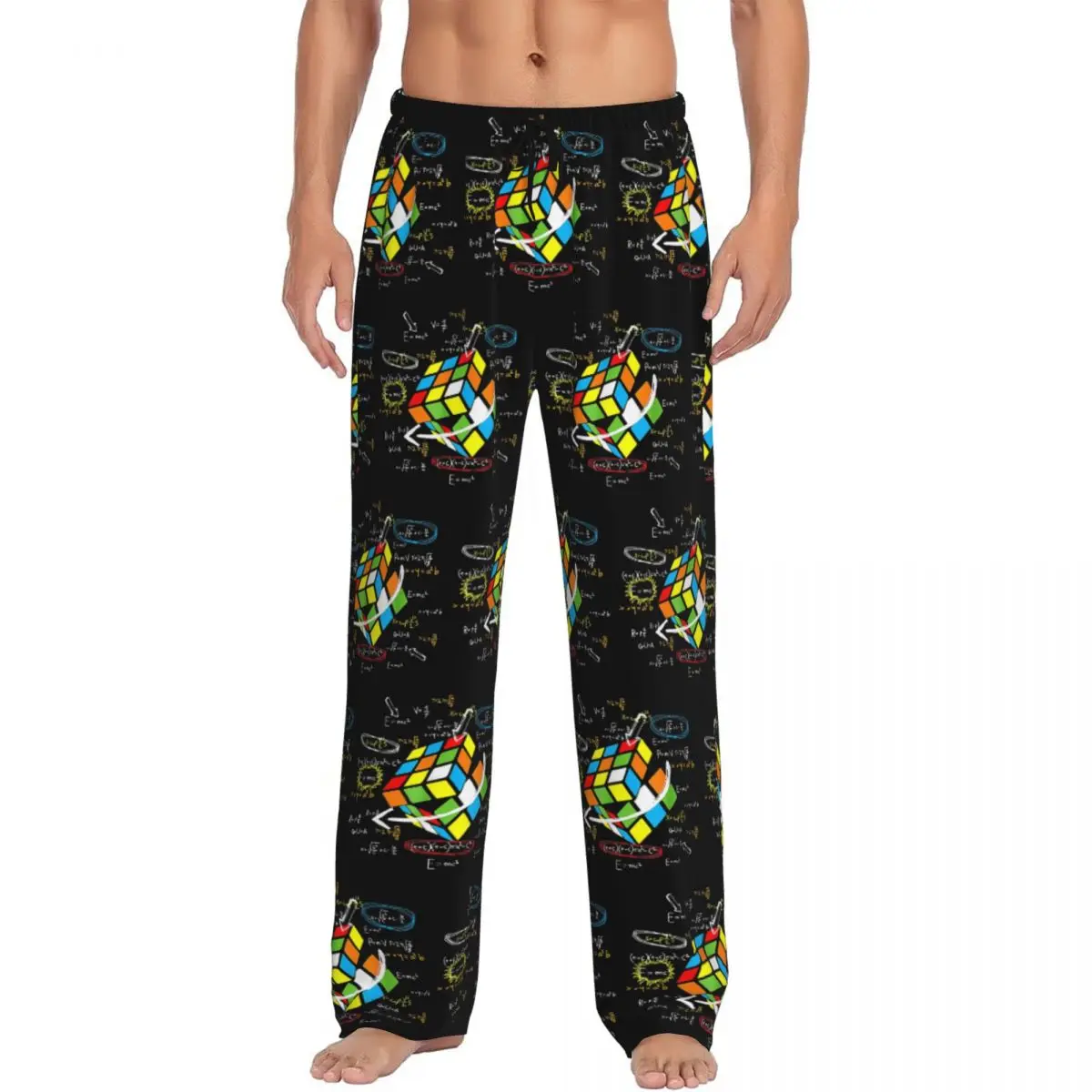 Custom Exploding Rubix Rubiks Magic Cube Math Pajama Pants Men Sleepwear Sleep Lounge Bottoms with Pockets