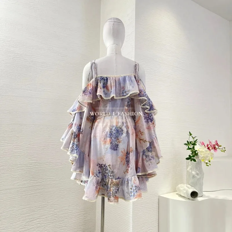 Violet Purple Petal Sleeves Floral Print Long Sleeve Ruffles Frilled Off The Shoulder Mini Dress