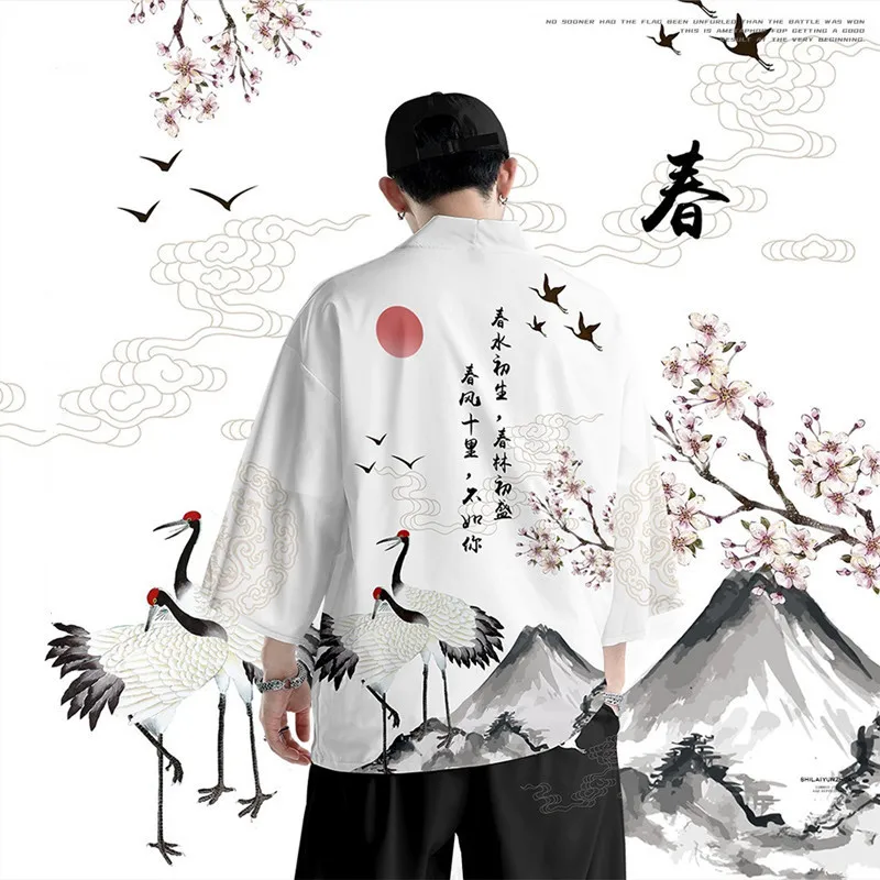 Samurai Crane Japanese Style Kimono Haori Men Women Cardigan Chinese Dragon Traditional Japanese Clothing Asian Clothes