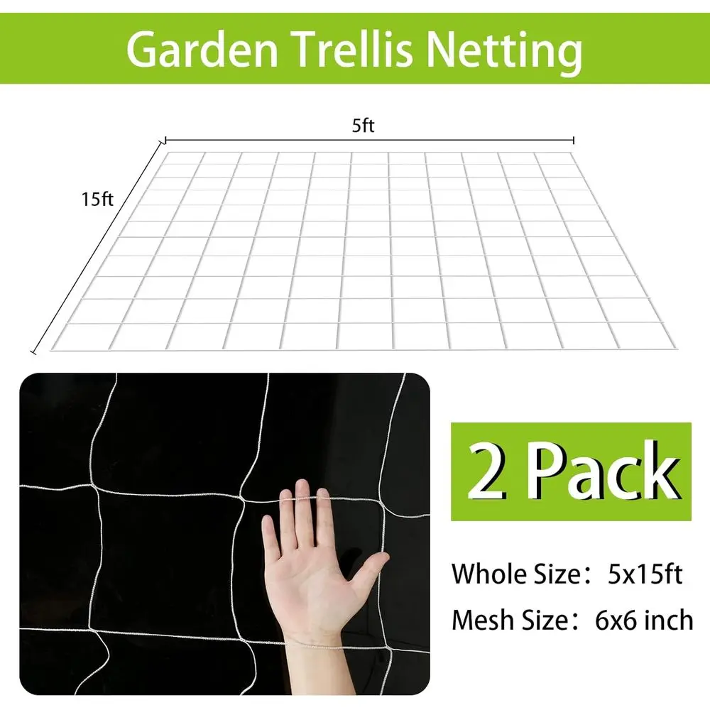 2 Pack 5x15 ft Heavy Duty Garden Trellis Netting, Square Mesh Outdoor Grow Net or Support for Vine Vegetables and Fruits with 50