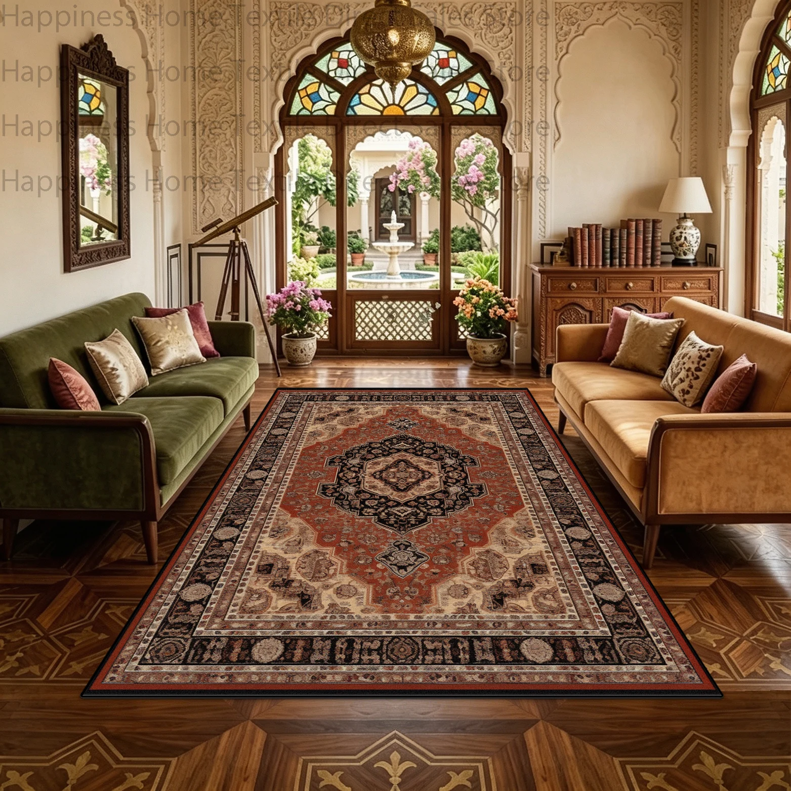 Persian Retro Geometric Style Living Room Red Carpet Antiskid Machine Washable Bedroom Floor Mat Soft Fluffy Study Luxury Rug