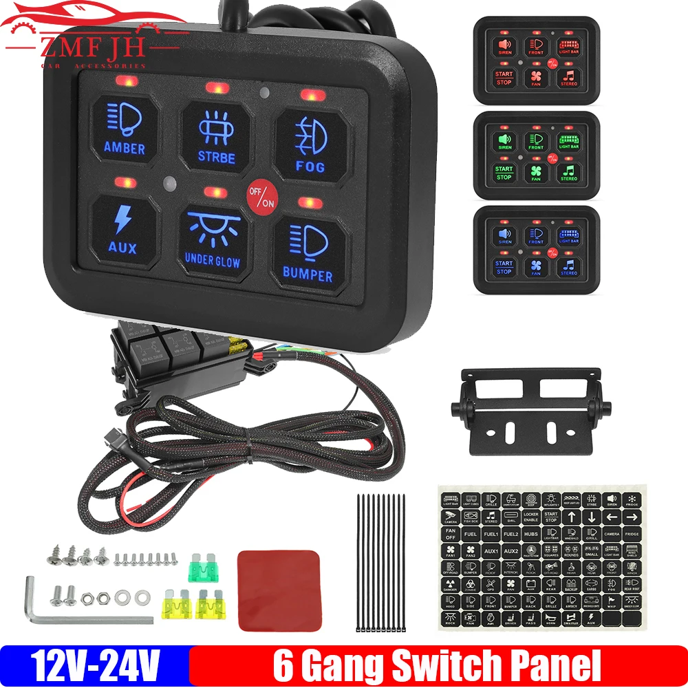 

12V-24V LED 6 Gang Switch Panel 600W-1200W Circuit Control Relay System Box Slim Touch Control Panel for Jeep UTV Caravan Custom