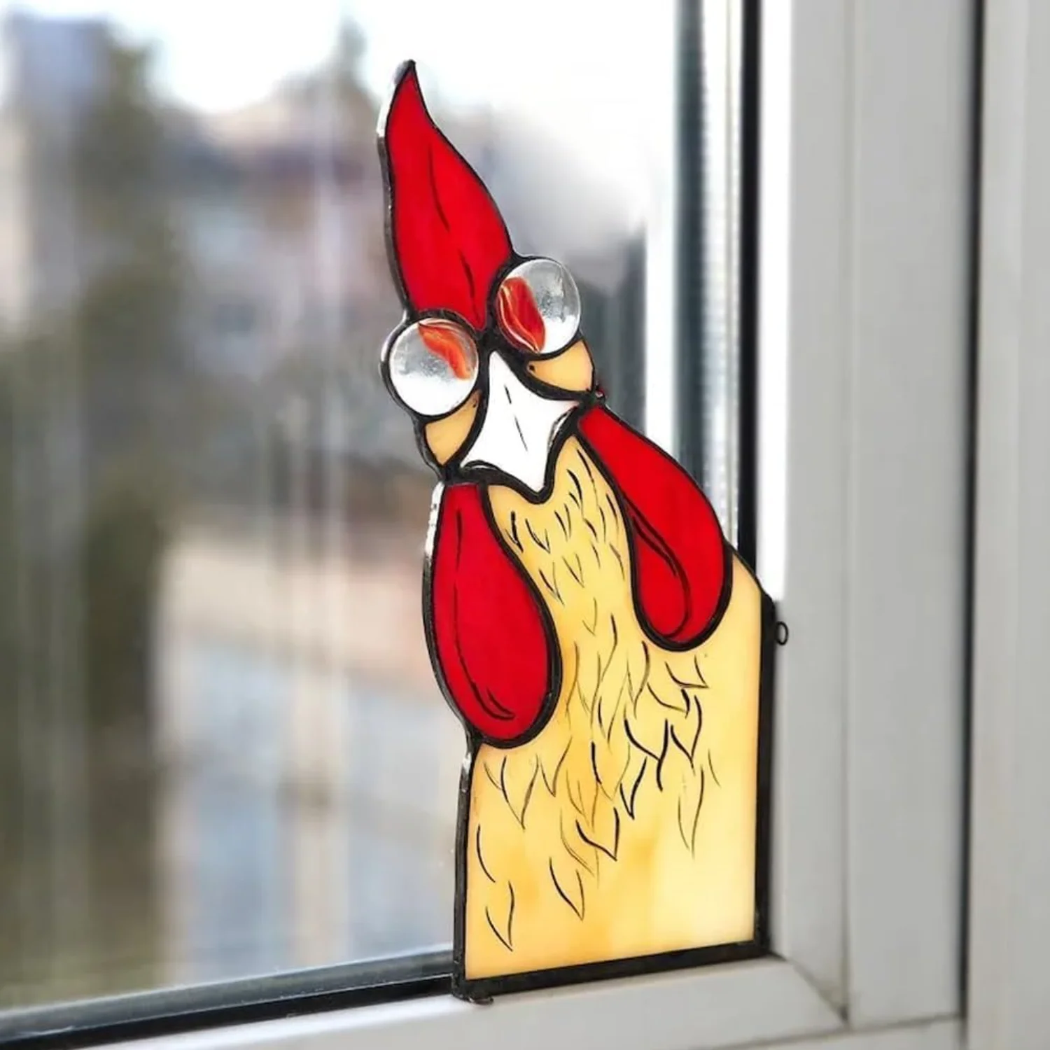 Funny Rooster Stained Glass Bird Window Corner Decor,Rooster  Decor,Funny Window Corner Decor-Peeping Rooster,Rooster  Decor,Bir