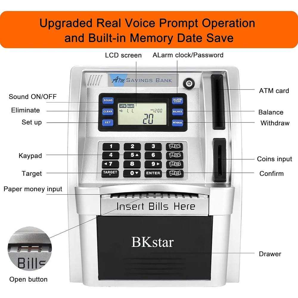 Tirelire ATM interactive pour enfants avec voix, mangeoire automatique d'argent, protection par mot de passe pour l'éducation d'épargne