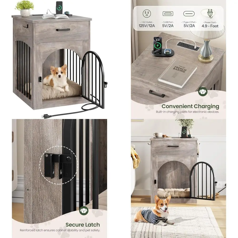 

Wooden End Table Dog Crate with Charging Station and Storage for Small Breeds Indoor Use