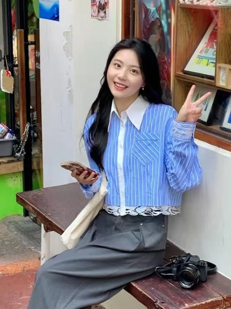 

Ele Gentle Lace Trim ort Stripe irt Женский топ Высококачественный осенний новый Sle для поездок на работу Свободный крой Long Sve на пуговицах