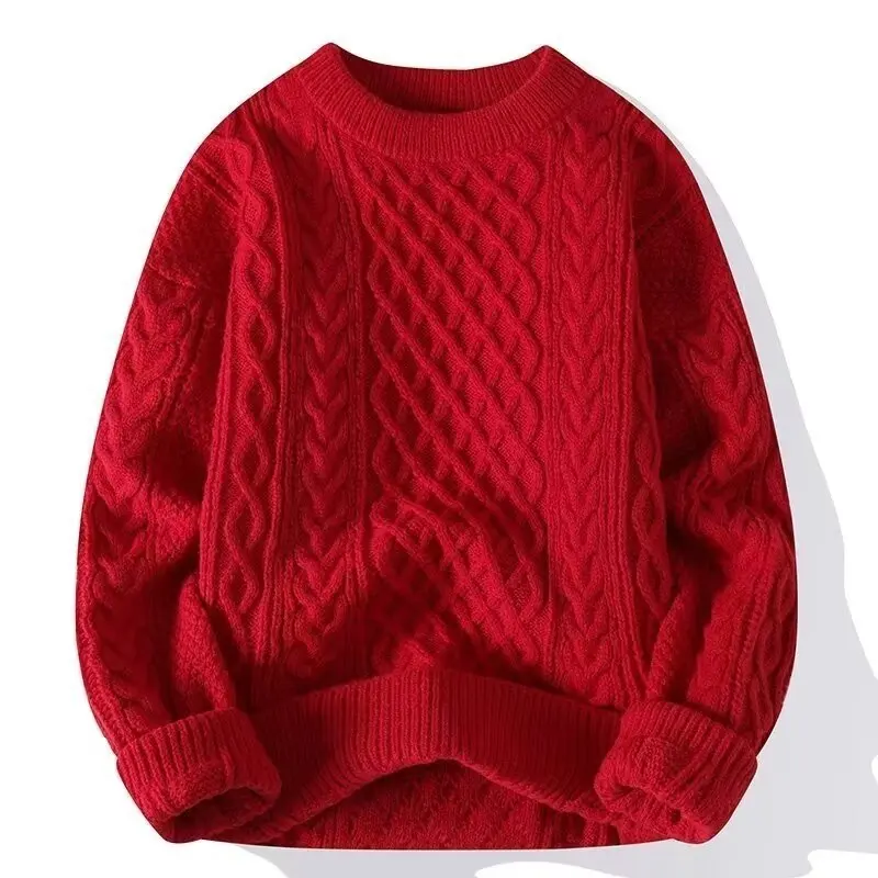 

Red Knitted Sweater Men's Winter Fashion Thick Twisted Cable Knitwear Couple's Crew Neck Pullover Christmas Gift Ideas