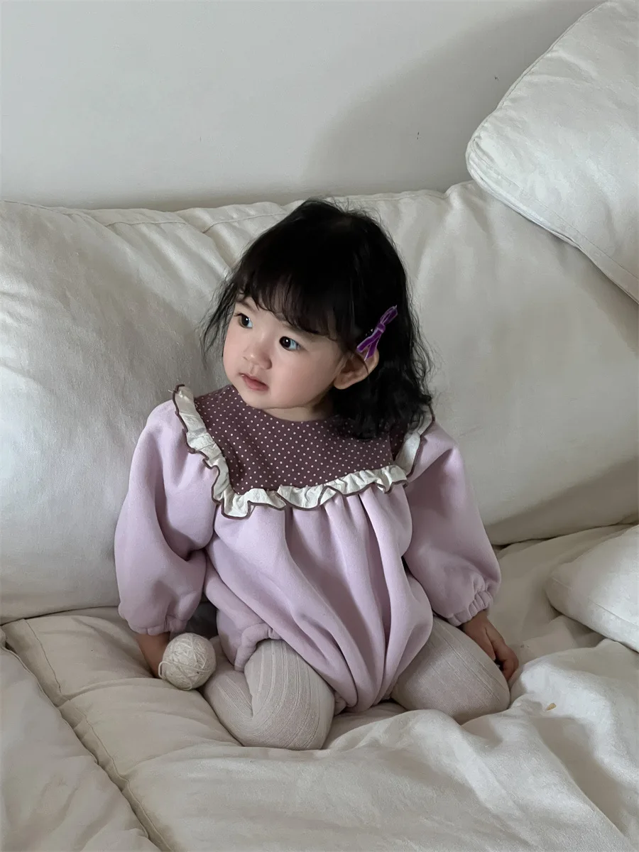 2024 Winter New Baby Girl Cute Dot Lace Collar Bodysuit Plus Velvet Thick Infant Clothes Newborn Toddler Fleece Warm Jumpsuit