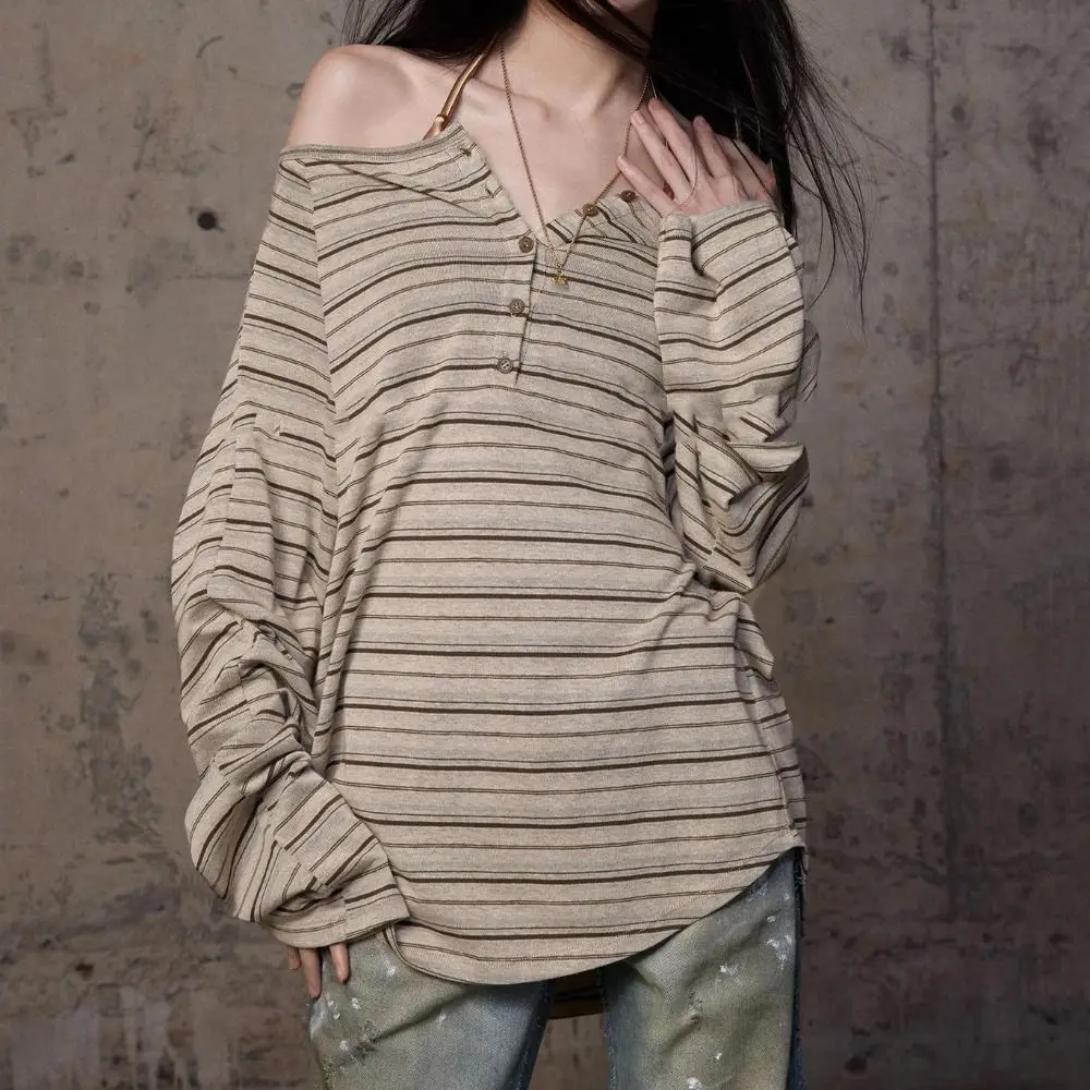 

Sweet Retro Stripe Long Sleeve T-shirt Irregular Loose Button Pullover Chic Stylish Y2k Crop Tops Women Spring
