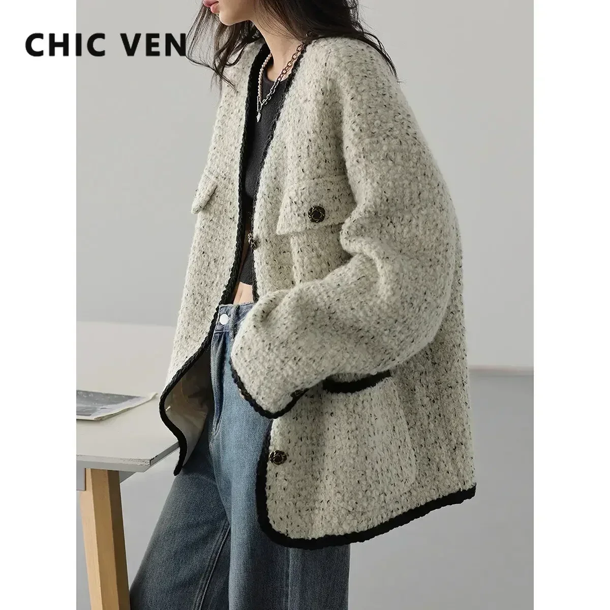 CHIC VEN-Manteau en laine vintage pour femme, veste en duvet, col en V, rapIndustry, automne, hiver, 2024