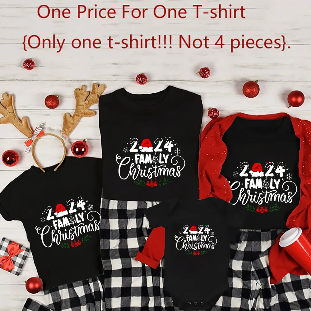 2024 Family Christmas Print Dad Mom and Me Shirts Family Matching Outfit Daddy Mommy Kids Shirts Baby Xmas Romper Clothes