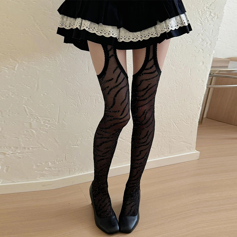 

Женские блестящие серебряные шелковые колготки, сексуальные колготки в полоску зебры с геометрическим узором, высокие чулки