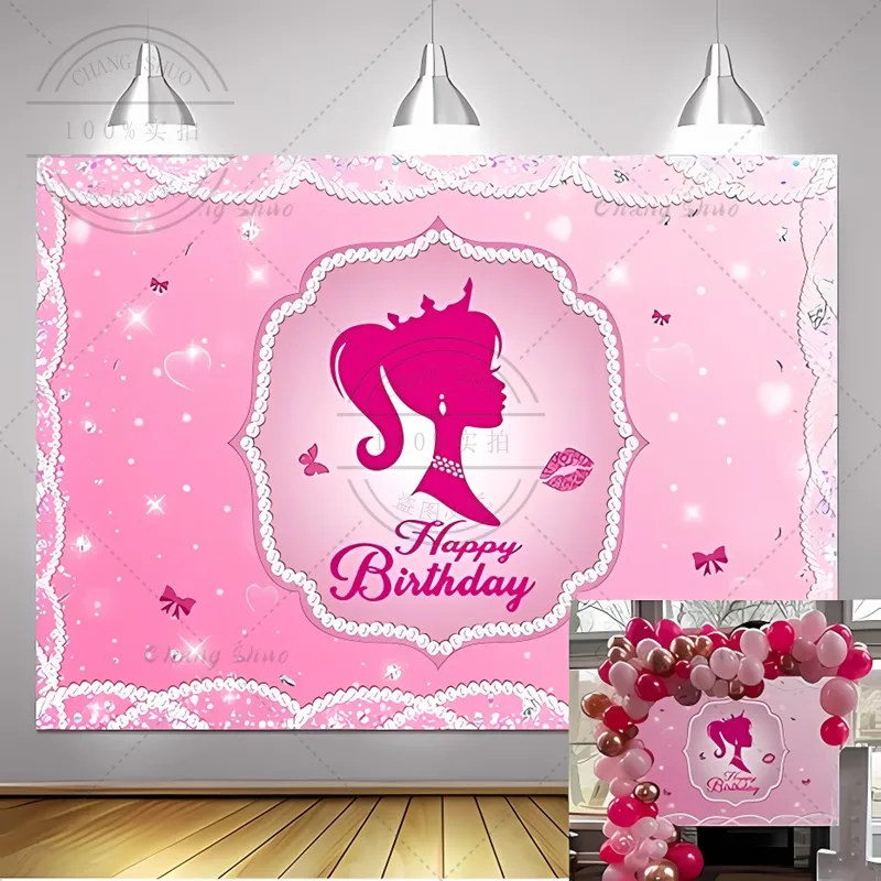 BarbIEe Party Backdrop Pink Photography Background Glamour Girl Ladies Birthday Parties Banner Cake Table Decoration Decoration