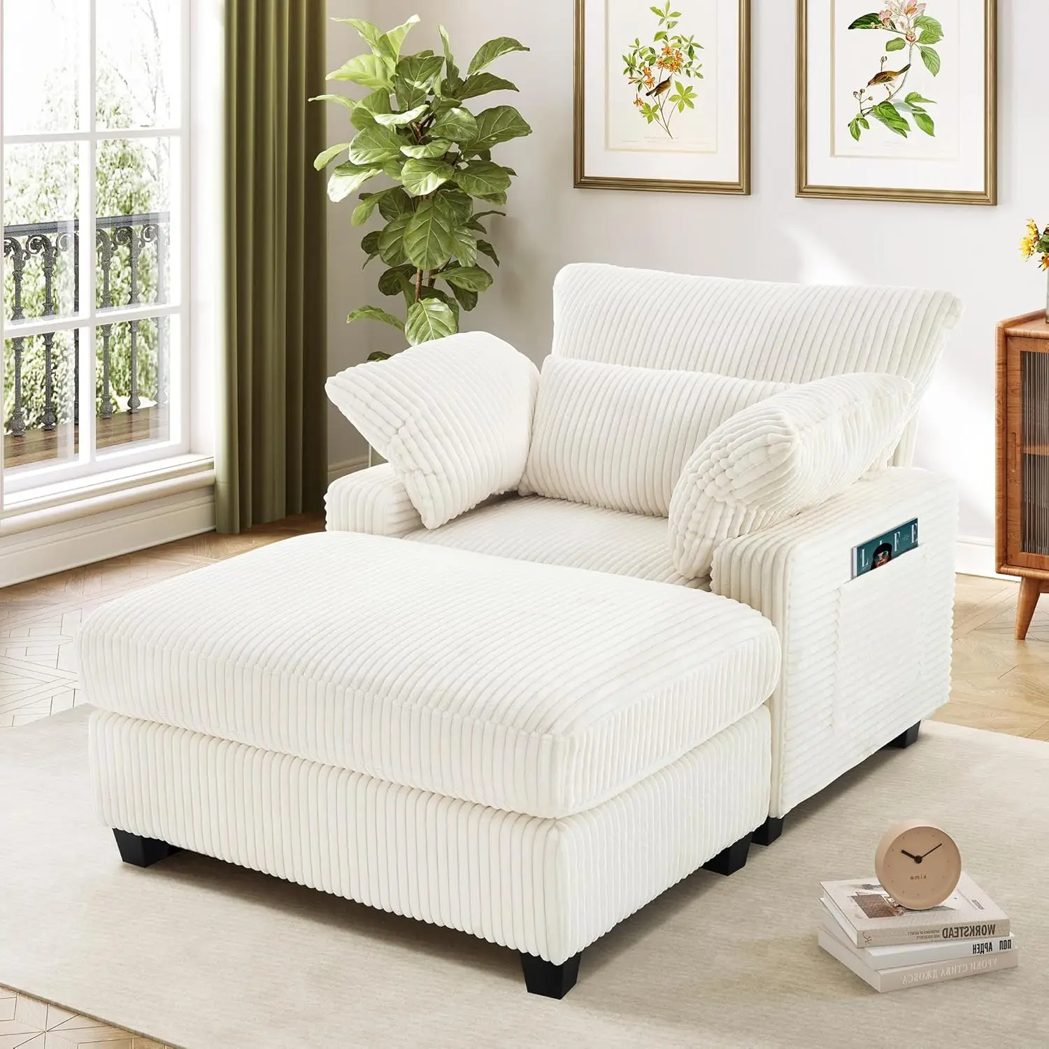 

Indoor Chaise Lounge Chair, 57.52 “D Recliner, Corduroy Fabric + Upholstered Comfort Sofa for Living Room, Bedroom, Office(Beige