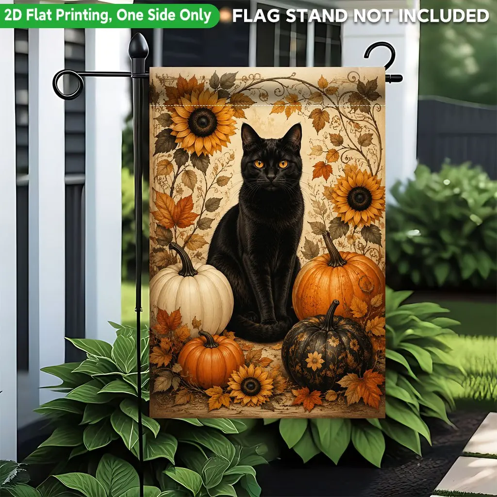 2D Flat - 2D Flat Printing Garden Flag 1pc, Autumn Cat And Pumpkin Display Single-Sided Printed Garden Flag, Suitable for Party Outdoor Indoor Home Decor Garden Flag, for party Decoration Supplies, for Lawn, Garden Decor, Flagpole Not Included