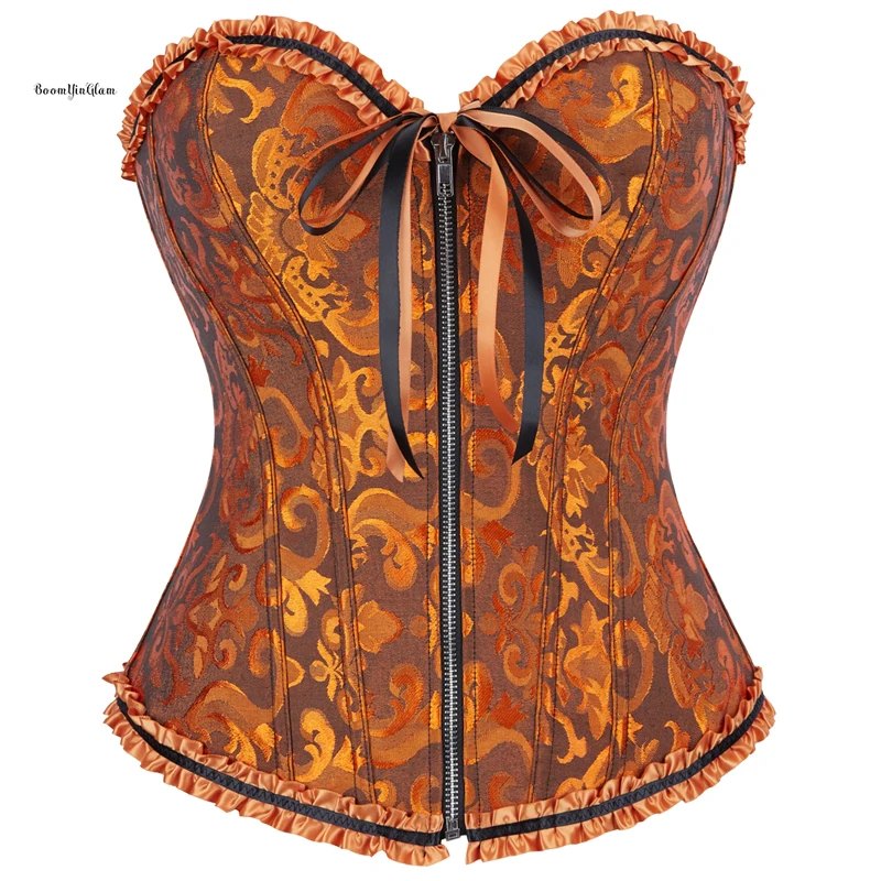 Overbust Corset Zipper Waist Bustier Top Black White Brown Pink Beige Red Blue Elegant Basques Corselet