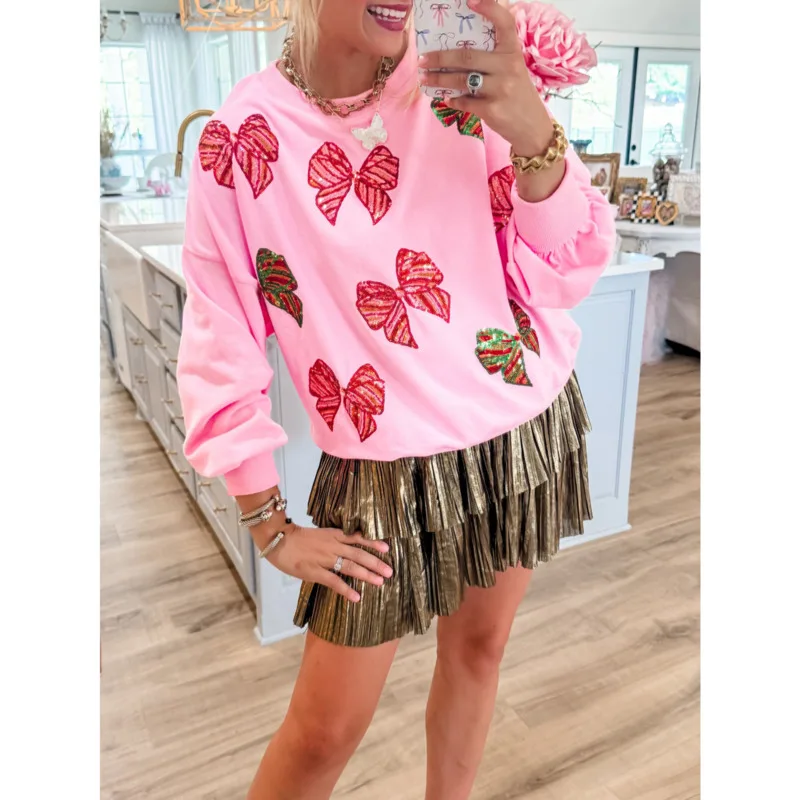 2025 Fashion Tops Autumn And Winter Hoodie Ladies Butterfly Bow Sequin Round Neck Loose Casual Long Sleeved Sweatshirt For Women