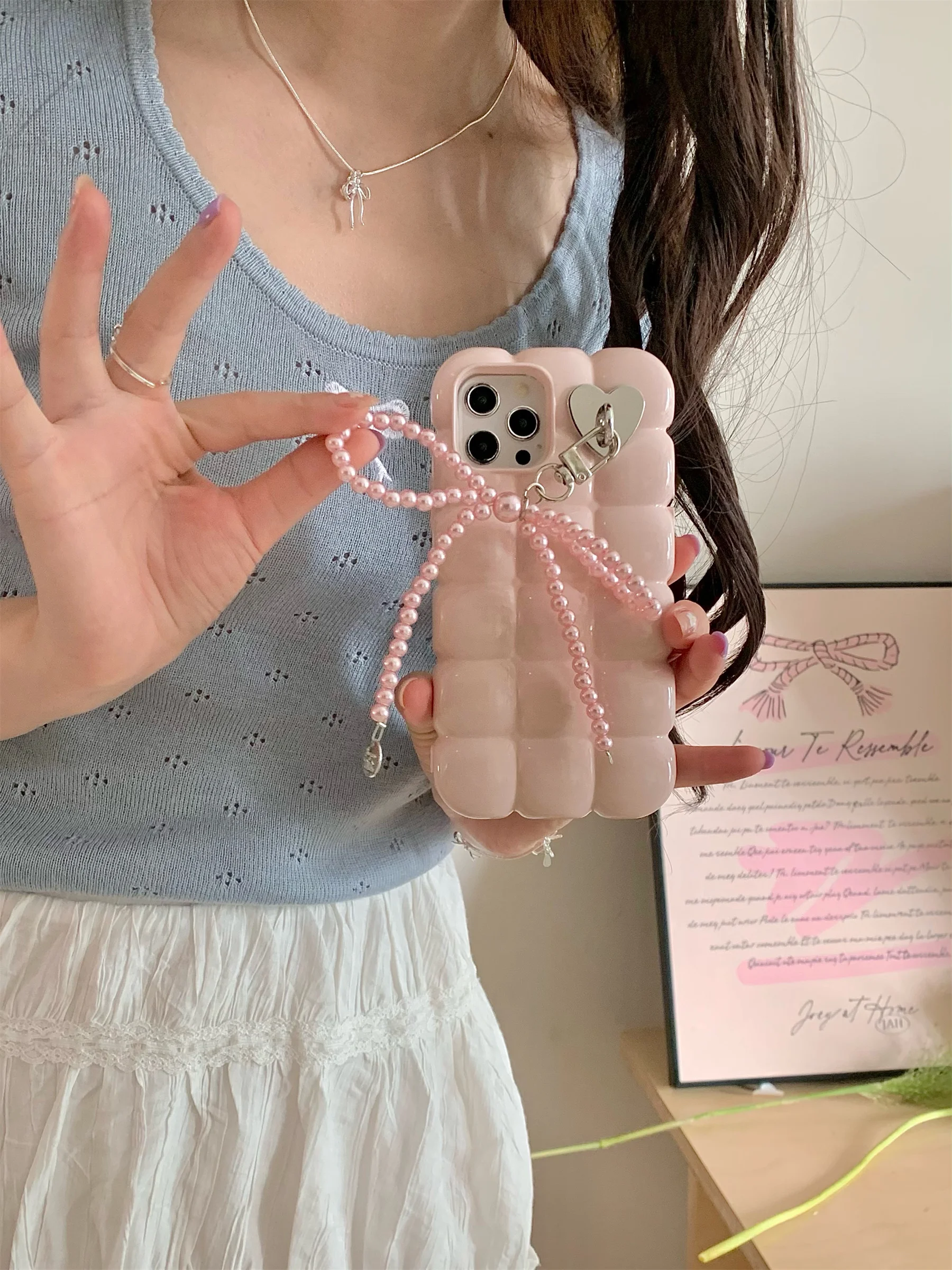 

Korean Cute Bow Pearl Pendant Lattice Phone Case with Chain for iPhone 15 14 13 12 11 Pro Max Pink Blue Shockproof Back Cover