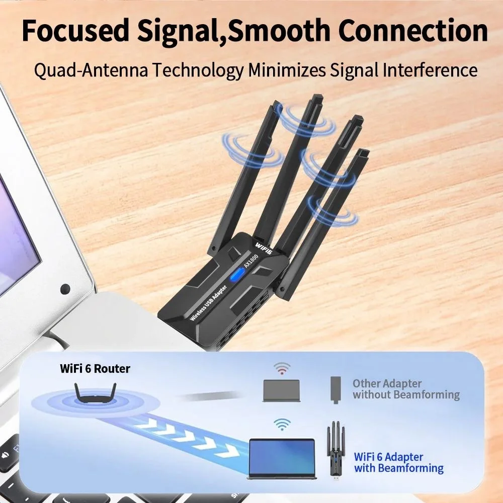 WiFi 6 USB 3 0 Adapter 1800 Mbps Dual Band 5 GHz 2 4 GHz Wireless Network Card 4 High Gain Antennas USB Dongle for PC Desktop Laptop Gaming Windows 11 10 Long Range Signal Receiver Great for Gaming Streaming and Video Calls - view 6