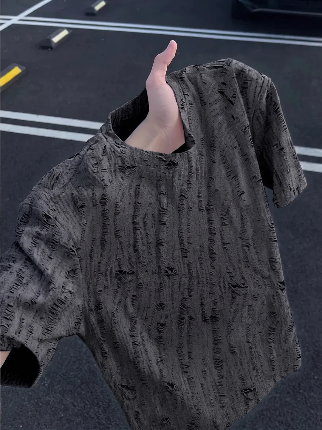 American Retro Texture Hole Short Sleeve Men's Summer Cool Breathable Ice Silk T-Shirt Trendy Half Sleeve Top round Neck