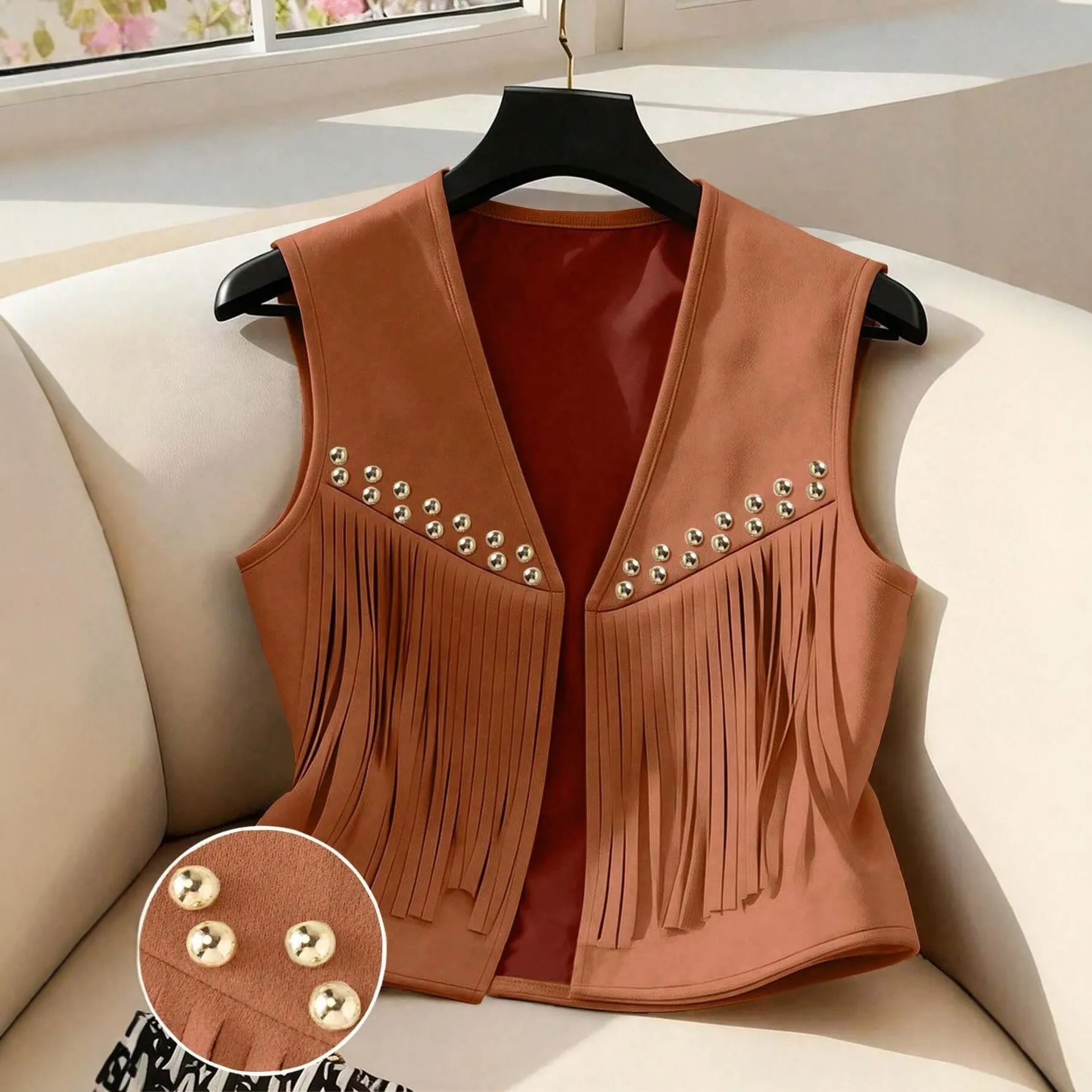 V Neck Sleeveless Coat Tight Fit Artistic Retro with Bohemian Tribal Fringe Details No Buttons Short Length Women Jacket Autumn