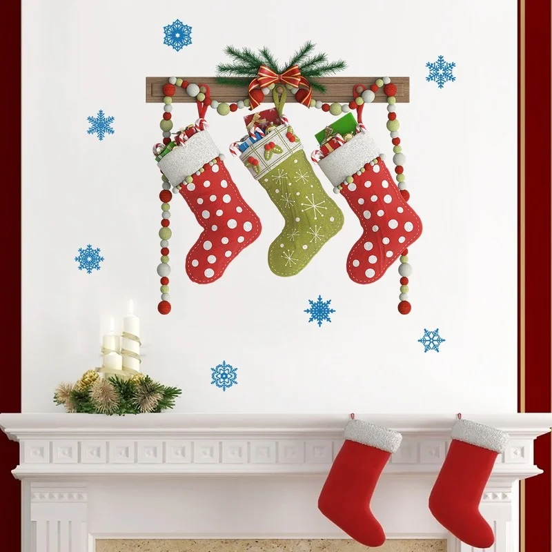 New Christmas Stocking Wall Stickers Decoration Cartoon Christmas Removable Static Stickers Holiday Party Decor Props