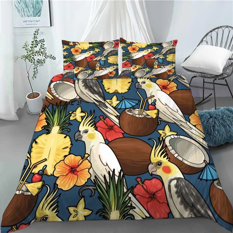 Coconut And Parrot Bedding Set Duvet Cover Bedclothes 180X200CM 180X220CM Comforter Cover With Pillowcase For Kids Home 0617