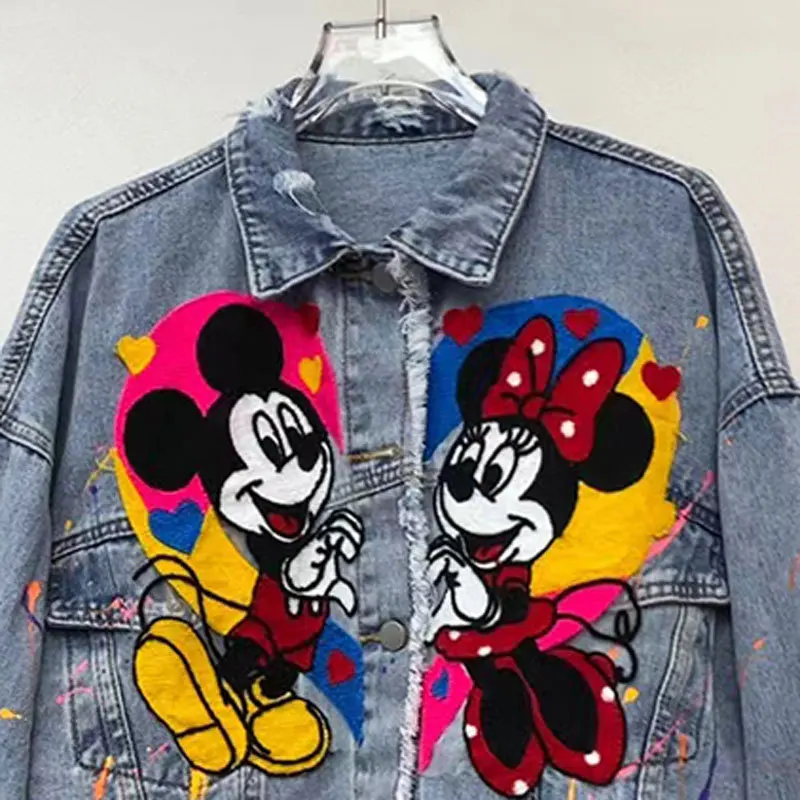 Veste en jean avec Patch de dessin animé pour femme, haut court et ample, vêtement décontracté à simple boutonnage, nouvelle collection printemps et automne 2025