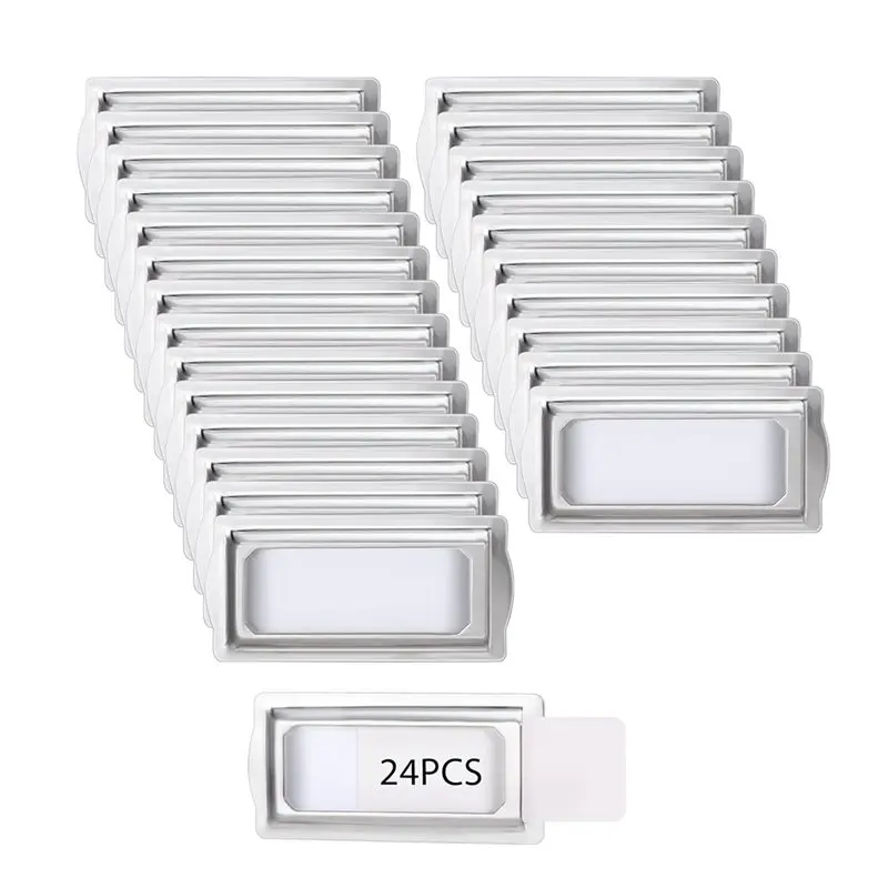 A53M-24 Pcs Self Adhesive Metal Bookplates For Books Card Horizontal Clip Label Holders Metal Drawer Tag Silver Label Plate