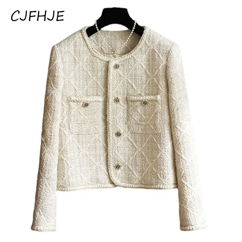 CJFHJE High Srteet Autumn Winter Vintage Tweed Jackets Women All-match Woolen Short Coats Fashion O-neck Elegant Lady Outerwears