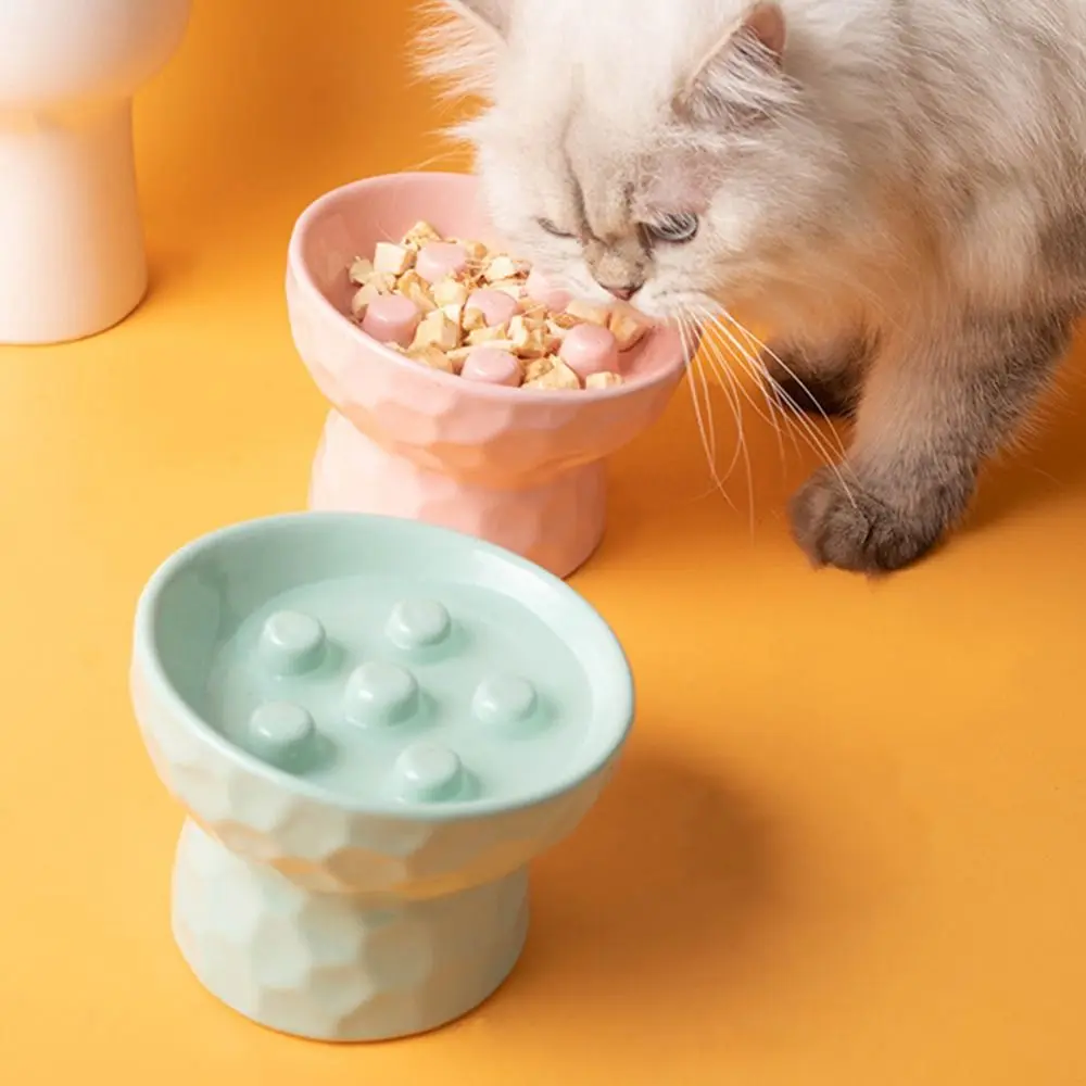 

Ceramic Cat Slow Feeder Bowl Anti Tipping Slanted Mouth Pet Drinking Eating Feeder Creative Neck Protection Pet High Foot Bowl