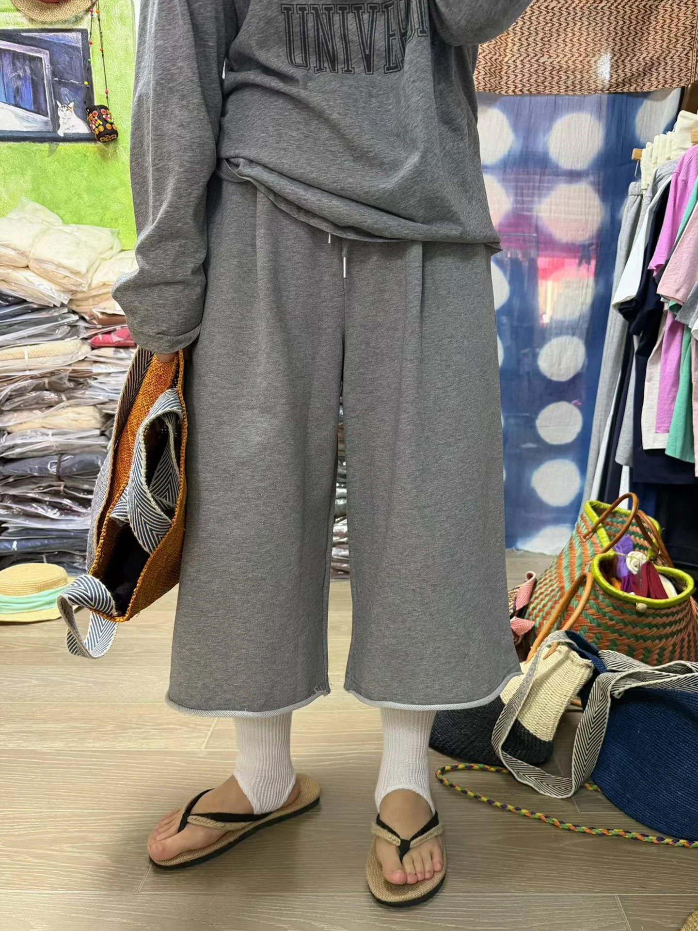 

Spring Summer Vintage Elastic Waist Drawstring Grey Label Cuffed Eighteen Pants plus Size Women's Fashion Straight Leg Trousers