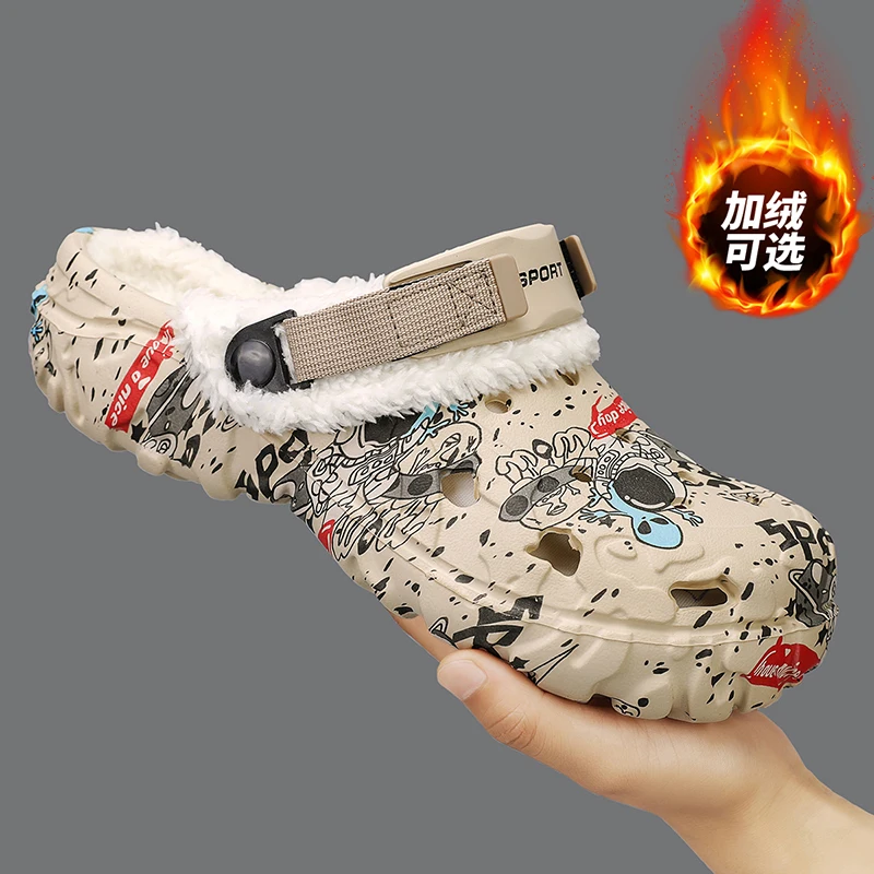 Winter Clogs Fleece Lined Padded Cotton Slippers Half Shoes for Men Mules Fur Indoor Open-back Casual Shoes Plush Slides Sandal