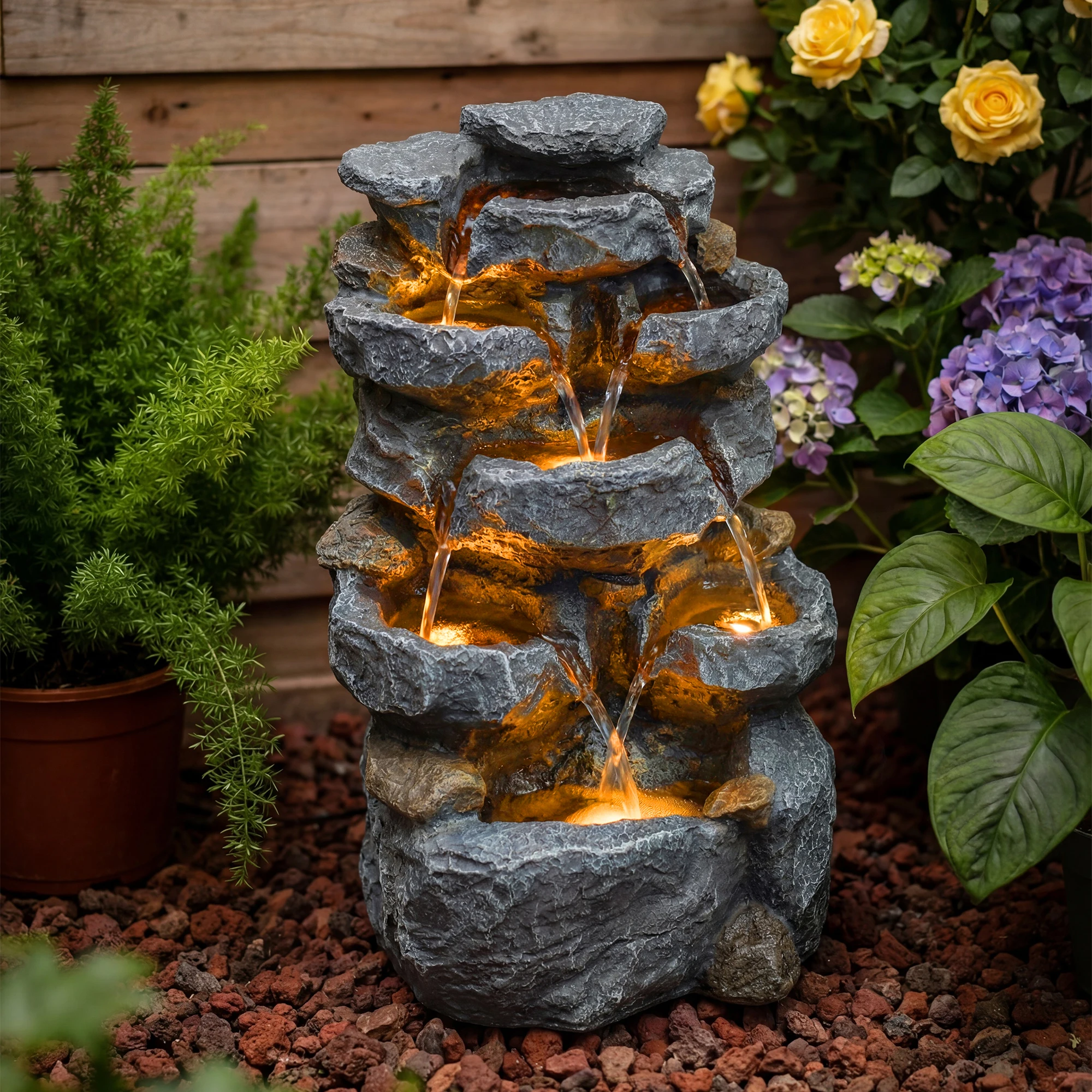 5-Tier Cascading Rock Water Fountain with LED Lights & Adjustable Water Flow, 15''L x 11.8'' W x 22''H, Outdoor Garden Waterfall Feature for Patio, Backyard & Lawn Decor, Plug in Powered